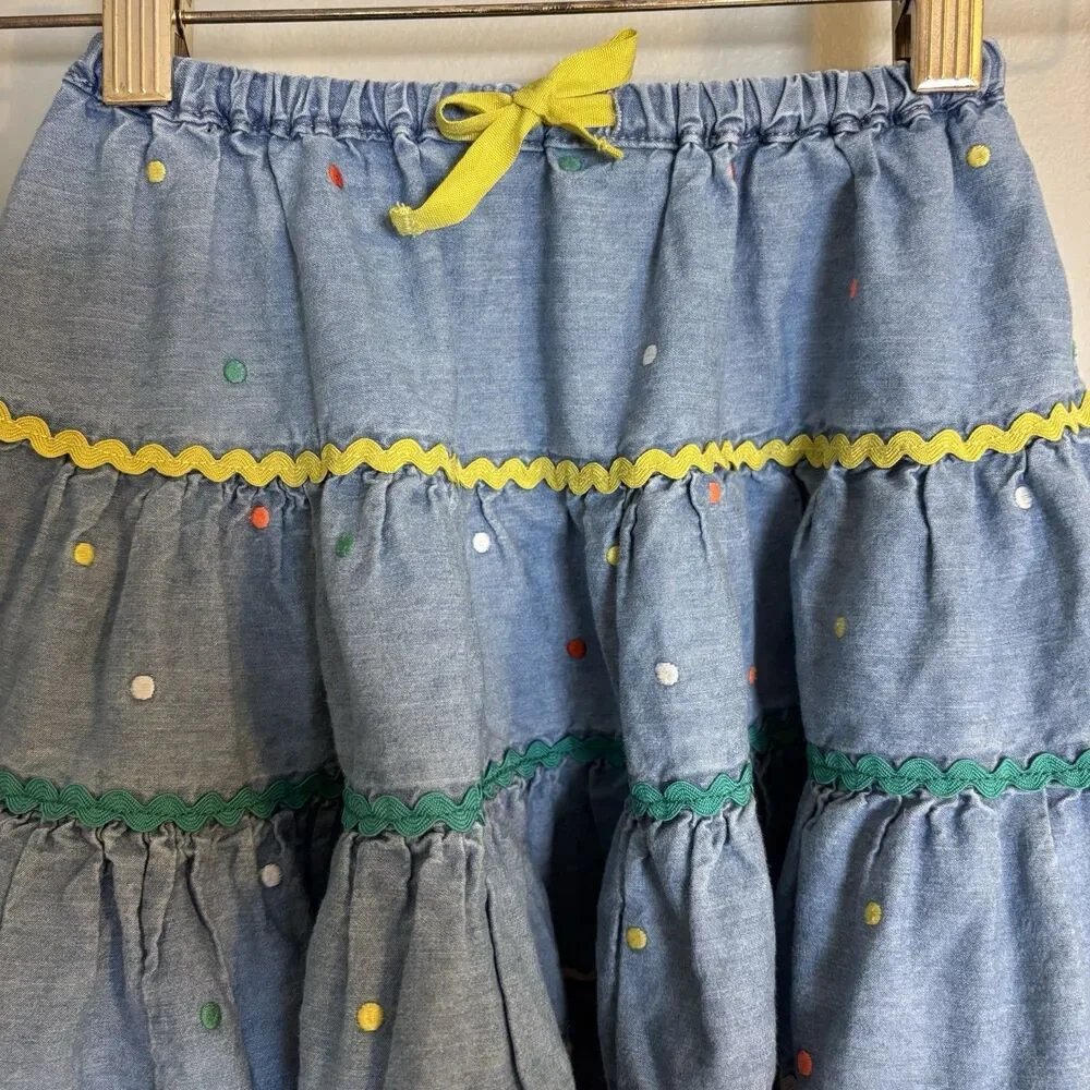 Mini Boden Denim Tiered Twirl Skirt Girls Size 3-4 Whimsy Colorful Boho Western